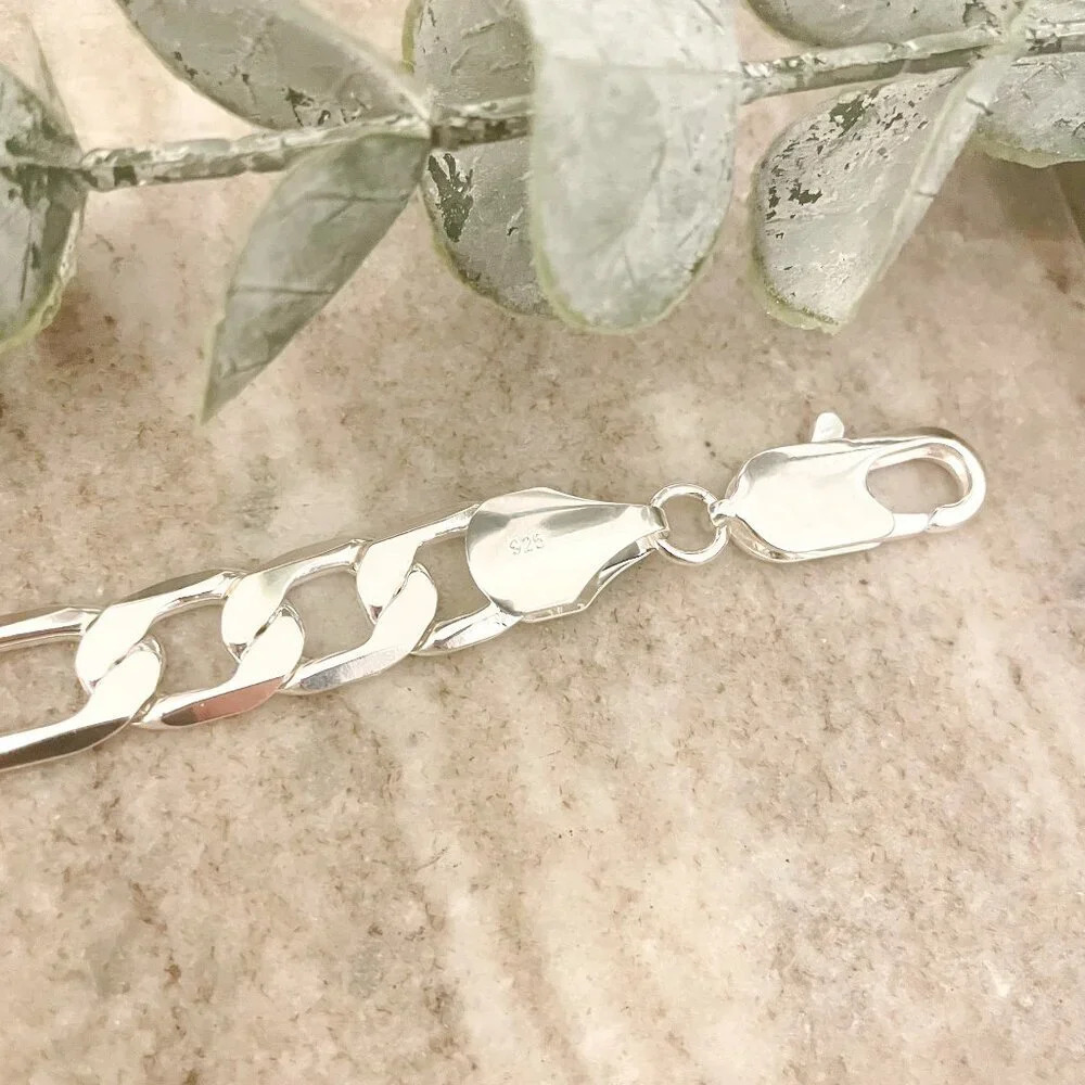 925 Sterling Silver Chunky Chain Link Bracelet Silver Figaro Bracelet 12 MM - Picture 4 of 4